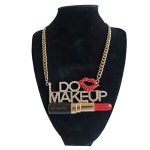 Gold Toned  "I DO MAKEUP" Necklace Rhinestone 18" Chunky‎